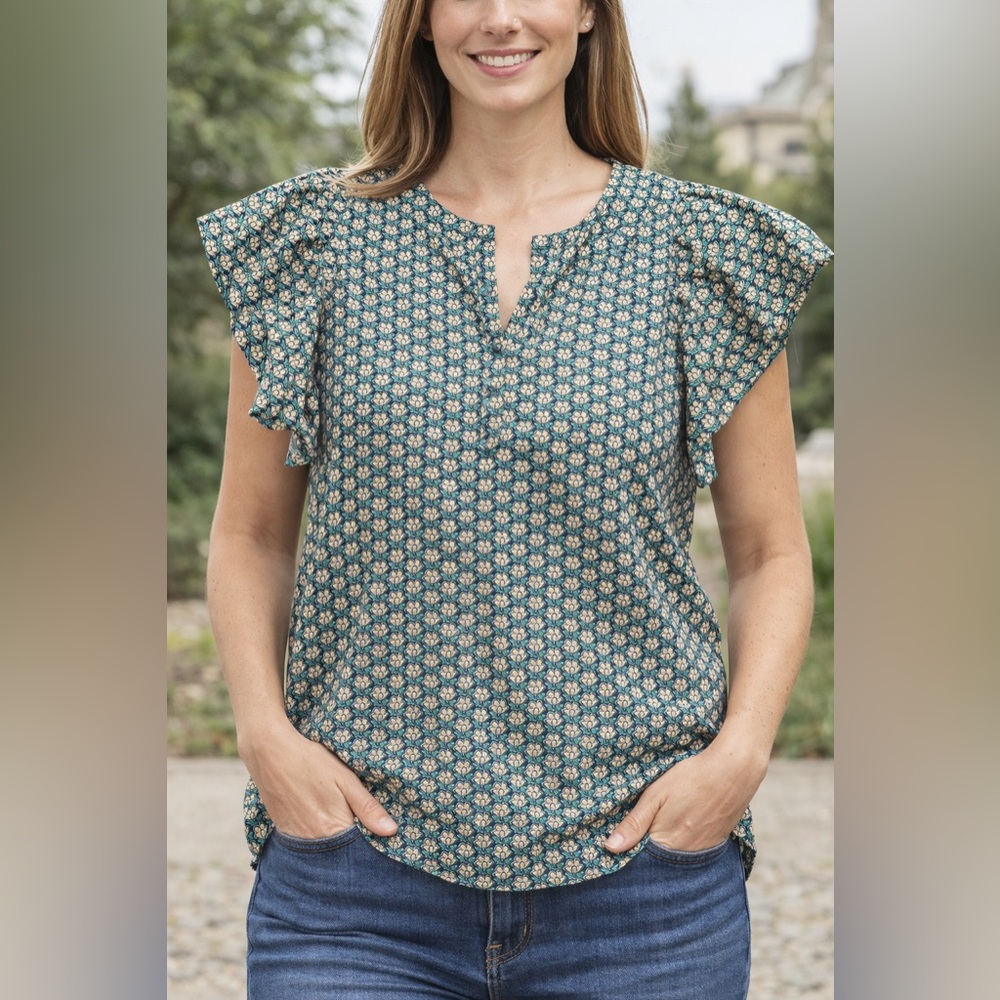 Nautica Blue Floral Blouse with Ruffle Sleeves